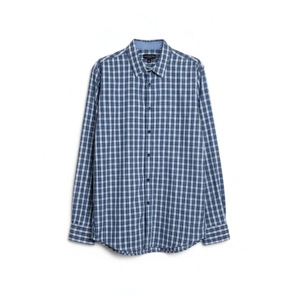 London Fog Mens Blue Navy Plaid Long Sleeve Button Down Workwear Shirt Size L
